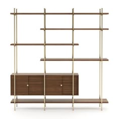 a bookcase with shelves and drawers on each side, against a white background the shelf is made out of wood