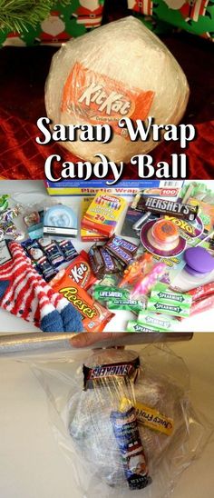 an assortment of candy wrapped in plastic on top of a white table with text overlay that reads, saran wrap candy ball