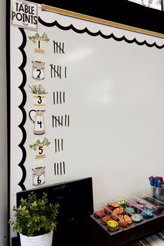 there is a white board with numbers on it next to a potted green plant