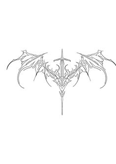 a black and white drawing of a dragon's wings with a cross on it