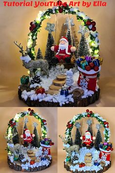 a christmas display with santa clause and other decorations on it's sides, in the shape of a snow globe