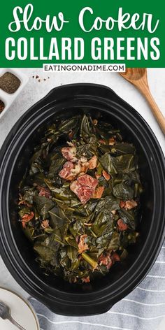 slow cooker filled with collard greens and meat