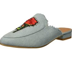 Yoki Women's Willas Mule Sandal Rose Embroidery In Light Denim New In Box Box May Not Be Perfect Light Denim With Frayed Edging, Slip-On, 1" Heel, Round-Toe Mule With Rose Embroidery And Studs. Rubber Bottoms Perfect For Any Occasion. Blue Round Toe Mules, Embroidery Mules, Trendy Blue Slip-on Mules, Chic Blue Slip-on Mules, Pink Slip-on Mules With Removable Insole, Denim Color, Rose Embroidery, Mule Sandals, Rose Lights