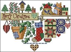 a cross stitch christmas card with stockings and potted plants