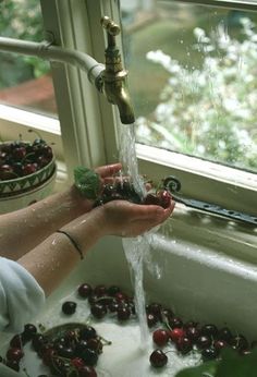 a person washing cherries in a sink with water running from the faucet