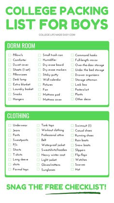 the college packing list for boys is shown in this green and white printable poster