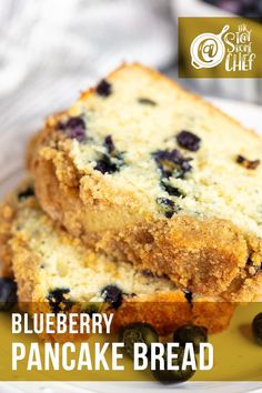 two slices of blueberry pancake bread on a yellow plate with the title overlay