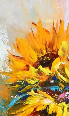 an abstract painting of sunflowers in yellow and blue