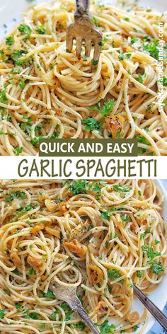 garlic and olive oil spaghetti on a white plate