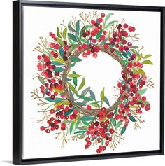 a watercolor painting of a wreath with red berries and green leaves on white background