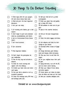 the 30 things to do before traveling checklist is shown in blue and green ink