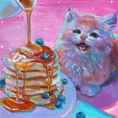 a painting of a cat next to a stack of pancakes and a glass of wine