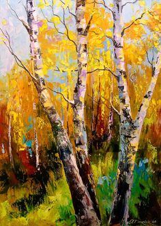 an oil painting of trees with yellow leaves