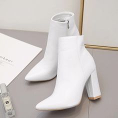 Olivia Mark - White Fashionable Pointed Toe Chunky Heel Ankle Boots White High Heel Boots, Sleek Shoes, Womens High Heel Boots, Basic Boots, Chunky Heel Ankle Boots, High Ankle Boots, Stylish Boots, Heel Ankle Boots, Womens Shoes High Heels