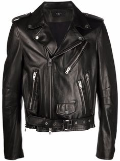 Black ovine leather leather biker jacket from AMIRI featuring embossed silver-tone buttons, notched collar, off-centre front zip fastening, belted waist, long sleeves and multiple zip-fastening pockets. | Amiri Leather Biker Jacket Silver Leather Jacket, Stylish Leather Jacket, Leather Varsity Jackets, Biker Jacket Men, Black Leather Biker Jacket, Brown Leather Jacket, Leather Jacket Black, Leather Biker Jacket, Notched Collar