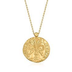 Ross-Simons - Italian 14kt Yellow Gold St. John, Fleur-De-Lis Reversible Pendant Necklace. A glorious treasure from Italy! This meaningful reversible pendant necklace depicts St. John the Baptist, patron Saint of Florence, on one side, and a timeless fleur-de-lis design on the other. Finely crafted in textured and polished 14kt yellow gold. Suspends from a cable chain that adjusts up to 22". Two reverent symbols to style into your everyday ensembles. Lobster clasp, 14kt yellow gold St. John and Luxury Tarnish Resistant Medallion Necklace, Classic Yellow Gold Medallion Necklace, Yellow Gold Coin Medallion Necklace With Large Pendant, Classic Tarnish Resistant Medallion Necklace, Luxury Engraved Coin Pendant Necklace, Classic Yellow Gold Medallion Coin Necklace, Timeless Engraved Pendant Medallion Necklace, Classic Yellow Gold Medallion Necklace With Coin Pendant, Timeless Engraved Medallion Pendant Necklace