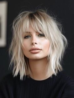 Medium Length Haircut Blonde Bangs, Long Bob With Bangs Blonde, Sweepy Bangs, Blonde Shoulder Length Hair With Bangs, Shoulder Length Layered Hair With Bangs, Messy Long Bob, Straight Hair With Bangs, Shoulder Length Hair With Bangs, Messy Bob Haircut