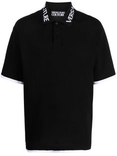 black cotton polo collar intarsia-knit logo front button placket short sleeves contrasting trims straight hem Versace Logo, Versace Jeans Couture, Cotton Polo Shirt, Versace Jeans, Cotton Polo, Polo Collar, Black Cotton, Black Shirt, Versace