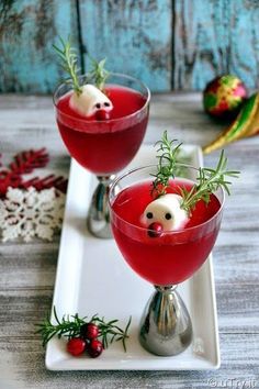 two glasses filled with red liquid and garnished with sprigs on top