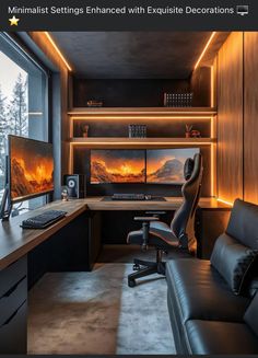 a home office with two computer monitors on the desk and a leather chair in front of it