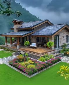 an artist's rendering of a house in the middle of a lush green field