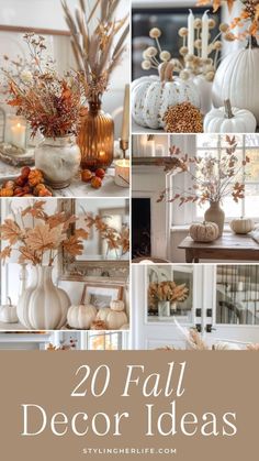 fall decor ideas with white pumpkins and flowers in vases, candles and other decorations