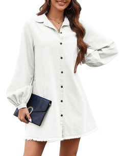 PRICES MAY VARY. Material---Denim shirt dress 2024 is made of 95% Cotton,5% Polyester,breathable,durable and soft denim material with no stretch,suit for spring,fall and winter days. Features---Denim dress for women features fully button down,lapel collar,flowy and tiered A line dress,back tiered,fringe hem,loose fit,above the knee length,two side pockets to keep your small things like phone,super cute denim babydoll dress for women. Match---Short jean dress is ideal to pair with leggings,a belt Jean Shirt Dress, Shirt Dress With Pockets, Jean Shirt, Jean Dress, Dress 2024, Dress Back, Denim Shirt Dress, Dress Long Sleeve, Dress With Pockets