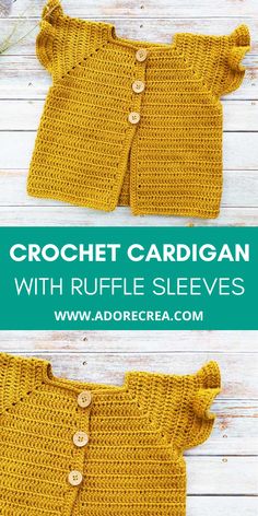 the crocheted cardigan is made with yellow yarn and has buttons on it