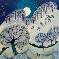 a painting of trees and birds flying in the night sky with snow covered ground below