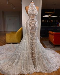 Luxury Long Mermaid Halter Beading Sleeveless Wedding Dress With Pearls Pearl Wedding Dress, Mermaid Evening Dress, Afrikaanse Mode, Pearl Dress, Dream Wedding Ideas Dresses, Wedding Dress Fabrics, فستان سهرة, Vestidos Prom, Wedding Dress Trends