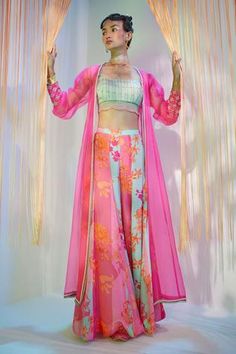 Shop for Rajiramniq Pink Crepe Puff Sleeves Jacket And Sharara Set for Women Online at Aza Fashions Jacket With Embroidery, Embroidered Crop Tops, Sharara Set, Pink Floral Print, Indian Fashion Dresses, Designer Dresses Indian, Indian Designer Wear, Indian Design, Ethnic Wear