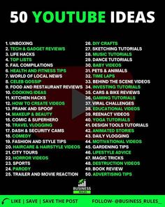 a black and green poster with the words 50 youtubee ideas on it's side