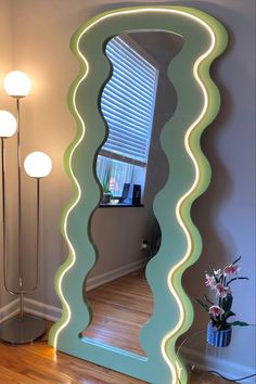 LED mirror. Tall wavy mirror in green Apartment Decor Y2k, Funky Floor Mirror, Mirror To See Back Of Head, Aesthetic Full Length Mirror, Full Length Mirror Aesthetic, Curved Living Room, Curvy Mirror, Mirror Unique, Mirror Living Room