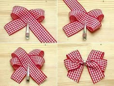 four different pictures of red and white bows with silverware in each bow on them