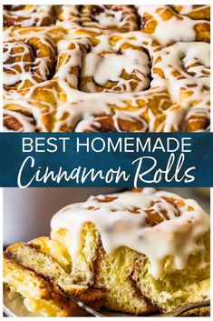 the best homemade cinnamon rolls with icing on top are shown in this collage