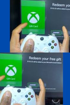 two pictures of someone holding a video game controller in front of a tv screen with the words redem your free gift on it