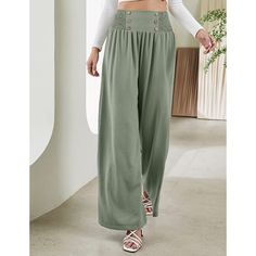 Pea Green Button Detail High Waist Wide Leg Pants High-waisted Non-stretch Bottoms With Button Closure, Non-stretch Wide Leg Pants With Buttons, Non-stretch High-waisted Pants With Button Closure, Non-stretch High-waist Wide Leg Pants With Buttons, Summer Green Pants With Buttons, Non-stretch Wide-leg Bottoms With Buttons, Casual High-waisted Pants With Buttons, Casual High-waist Wide Leg Pants With Buttons, Non-stretch Wide-leg Pants With Buttons