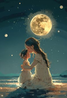 a mother and her child sitting on the beach watching the moon go down over the water