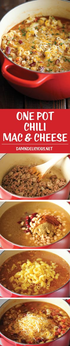 easy one pot chili macaroni and cheese soup in a red casserole dish