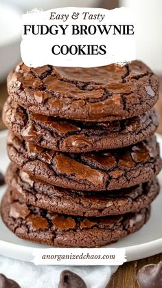 chocolate fudgey brownie cookies stacked on top of each other with text overlay