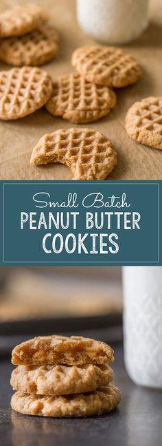 peanut butter cookies stacked on top of each other next to a cup of milk and cookie dough