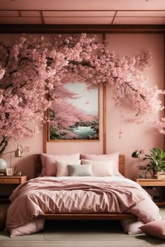 a bedroom with pink walls and cherry blossom trees