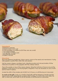 bacon wrapped in cheese on top of a sheet of paper with the recipe below it