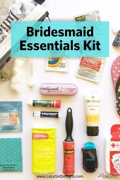 the bridesmaid essentials kit is laid out on a white surface with text overlay