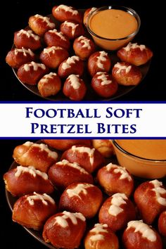 A plate of mini football shaped pretzel bites next to a bowl of hot beer cheese dip. Overlaid text says football soft pretzel bites. Football Shaped Appetizers, Themed Charcuterie Boards, Soft Pretzel Bites Recipe, Football Themed Snacks, Football Shaped Foods, Football Themed Food, Football Tailgate Food, Pretzel Bites Recipe, Soft Pretzel Bites