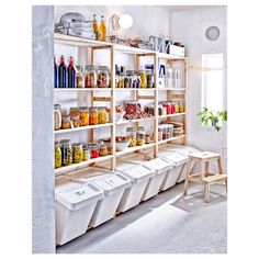 the shelves are filled with many different types of condiments and containers for storage