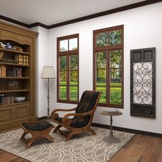 a living room filled with furniture and windows next to a wooden book shelf on top of a hard wood floor