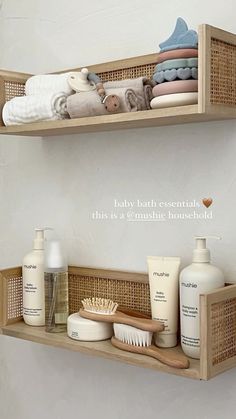 two wooden shelves filled with bath products and personal care items on top of each shelf