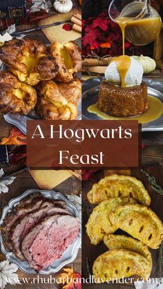 a hogwarts feast with bread and other food items