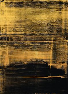 an abstract painting with yellow and black colors on it's surface, including lines